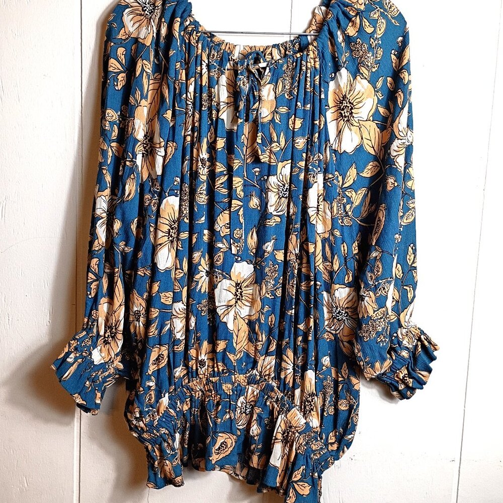 Easel Womens Medium Flowy Blouson Top Teal Cream Floral Cottagecore Fairy